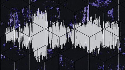 White sound wave on a dark cube pattern background with purple accents
