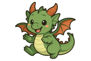 Obraz premium Cute green baby dragon cartoon character illustration