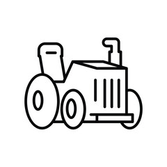 A stylized black outline illustration of a tractor It features wheels a drivers seat a front grill and a curved exhaust pipe. line icon editable stroke.