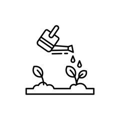 A watering can pours water onto two small plants growing in a soil plot. line icon editable stroke.