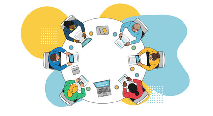 Obraz premium A diverse group of professionals collaborates around a circular table in a bright, modern office setting.