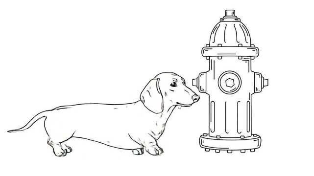 A line drawing of a dachshund dog looking at a fire hydrant