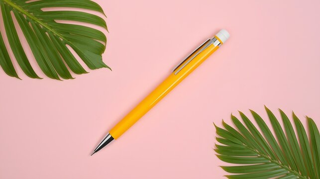 Yellow pen centered on soft pink background with tropical green palm leaves in flat lay minimal composition ideal for workspace creative design themes