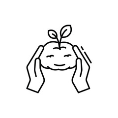 Black and white illustration of hands cradling a plant with a smiling face leaves. line icon editable stroke.