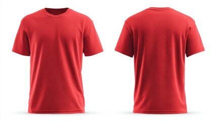 A vibrant red t-shirt is displayed from both the front and back, showcasing its simple design and casual style.