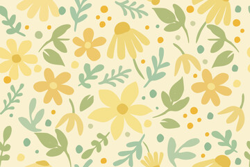 Cheerful floral seamless pattern with yellow and orange daisies, green leaves, and dots on a soft cream background. Perfect for summer design and fabric.