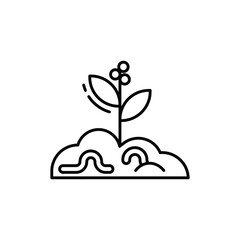 Line art illustration featuring a plant sprouting from soil with worms. line icon editable stroke.