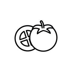Two tomatoes are depicted One is whole the other sliced both outlined in black. line icon editable stroke.