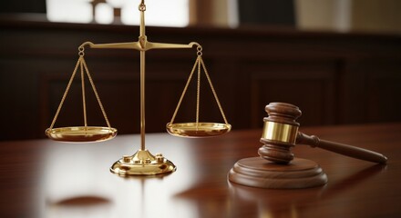 Golden Scales of Justice and Wooden Gavel on Polished Courtroom Table, Symbolizing Law, Fairness, and Judicial Authority