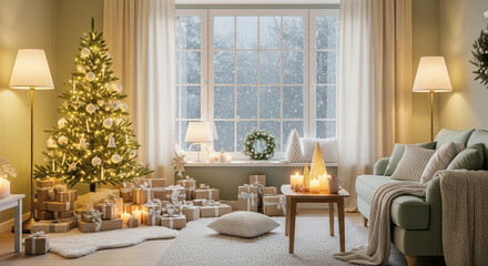 Experience the magic of Christmas in a cozy festive living room with presents under the tree and snow falling outside the window, a scene perfect for holiday cheer