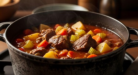 Hearty Beef Stew with Potatoes, Carrots, and Celery in a Cast Iron Pot