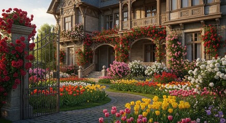 Roses tulips garden house estate mansion property home flowers blooming architecture landscape design