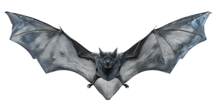 Terrifying bat creature with open mouth and sharp teeth spreads its leathery wings ready to swoop down in an attack. Perfect for Halloween Designs