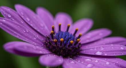 Purple Daisy Macro with Water Droplets and Vibrant Floral Detail