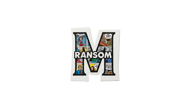 Comic book-style illustration featuring the word RANSOM in a stylized letter M