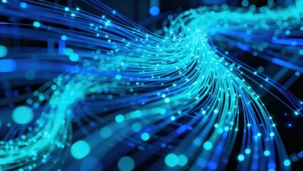 Big data digital line wave business concept Abstract blue light trails with glowing dots on a dark background.