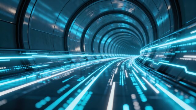 Big data digital line wave business concept Futuristic tunnel with glowing blue lines and motion blur.