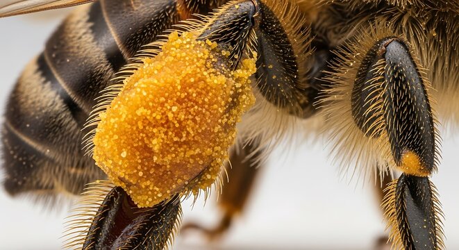 Extreme macro shot of a honey bee leg loaded with yellow pollen.