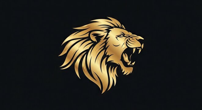 A goldcolored lion head roaring against a dark backdrop