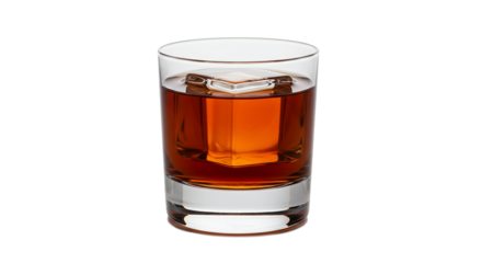 Crystal Glass with a Single Ice Cube in a Dark Amber Drink