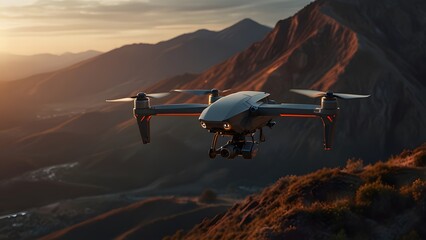 Modern quadcopter drone equipped with high-resolution camera flying over scenic mountain range during dramatic golden sunset light. Technology concept
