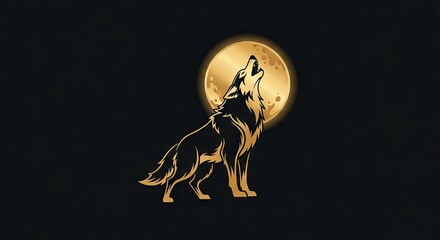 A stylized golden wolf howling at a golden moon set against a black background