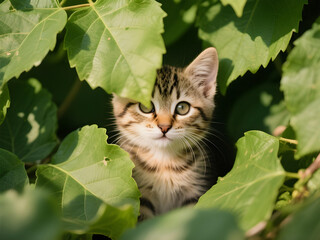 Cute young domestic cat kitten with bright green eyes looks out from the garden grass, Cute cat wallpaper