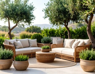 A beautifully arranged outdoor seating area surrounded by lush greenery and plants.