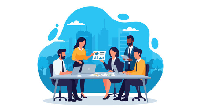 Adobe illustrator artwork vector illustration of a business meeting with a diverse team collaborating around a table with laptops and charts