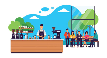 Fototapeta premium Adobe illustrator artwork vector illustration of a friendly barista in a modern coffee shop, surrounded by various coffee-making equipment