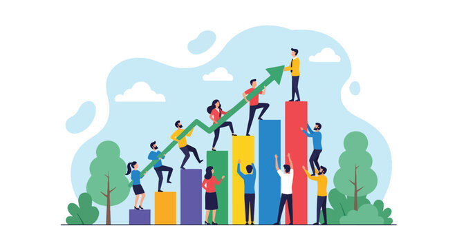 Adobe illustrator artwork vector illustration depicting teamwork and business growth, with a diverse group of people collaborating to push an upward trend
