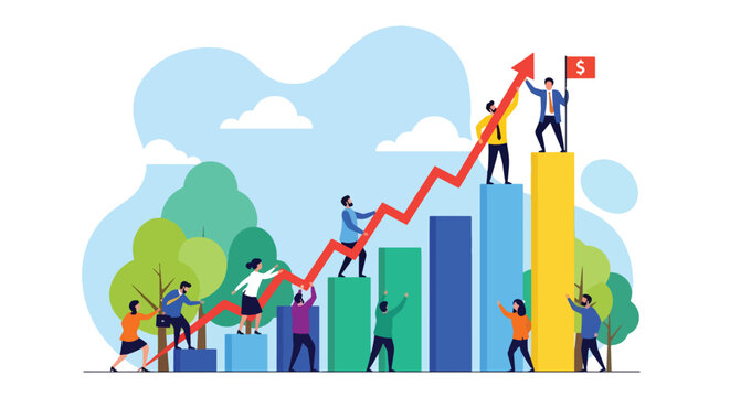 Adobe illustrator artwork vector illustration depicting teamwork and business growth, with a diverse group of people collaborating to push an upward trend
