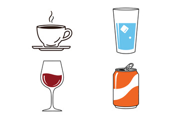 Hand drawn collection of popular drinks coffee wine soda and water glass vector
