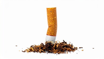 Extinguished cigarette butt in loose tobacco on white surface, symbolic of quitting and closure.