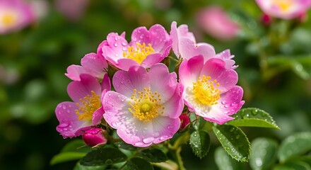 Fototapeta premium Rosa rubiginosa wild rose blooming in outdoor garden, natural background, pink flower with green leaves, romantic floral plant, spring nature and garden concept