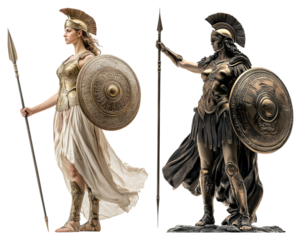 Warrior Woman in Armor with Shield and Spear, Dynamic Pose, isolated on transparent background