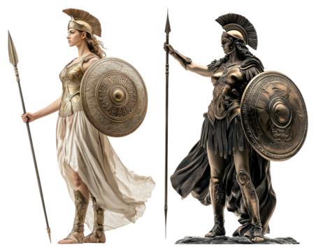 Warrior Woman in Armor with Shield and Spear, Dynamic Pose, isolated on transparent background