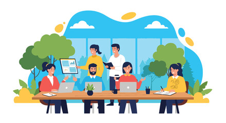 Naklejka premium Adobe illustrator artwork vector illustration of people working outdoors in a vibrant park setting, perfect for depicting flexible workspaces, remote work, and modern productivity.