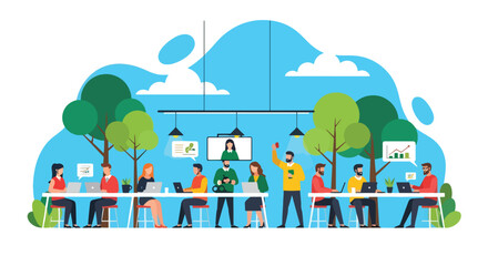 Adobe illustrator artwork vector illustration of people working outdoors in a vibrant park setting, perfect for depicting flexible workspaces, remote work, and modern productivity.