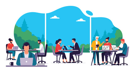 Naklejka premium Adobe illustrator artwork vector illustration of people working outdoors in a vibrant park setting, perfect for depicting flexible workspaces, remote work, and modern productivity.