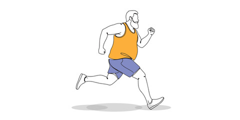 Minimal line art illustration of an overweight man running in sportswear, symbolizing motivation, weight loss, fitness, and healthy lifestyle, perseverance, and body transformation journey.