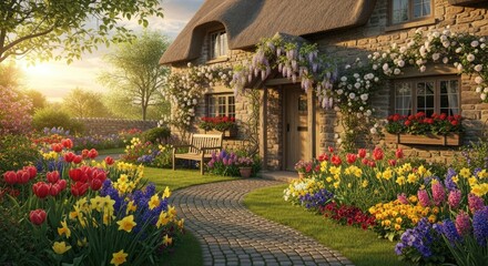 Cottage garden flowers thatched roof english countryside landscape spring blooms stone path picturesque scene