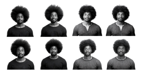 Portraits of a Young Man with Afro Hair Showing Various Emotions, Bundle Set Collection, Isolated on Transparent Background