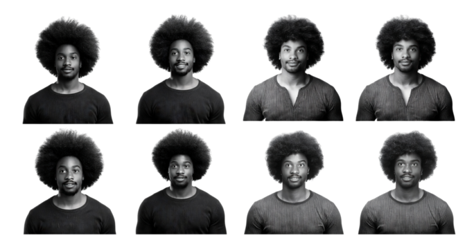 Portraits of a Young Man with Afro Hair Showing Various Emotions, Bundle Set Collection, Isolated on Transparent Background - Powered by Adobe
