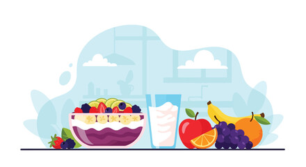 Adobe illustrator artwork vector illustration of a healthy and delicious breakfast spread, perfect for wellness, food blogs, and nutritional content. This SEO-friendly graphic highlights a balanced me