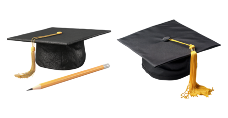 Two Black Graduation Caps with Yellow Tassels and a Pencil, PNG bundle collection, Isolated on Transparent Background