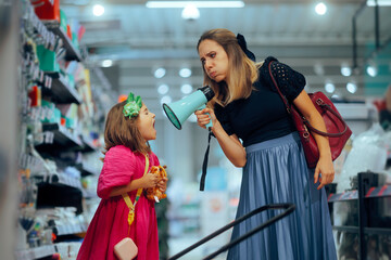 Mother Scolding her Child in Supermarket on Speakerphone. Mother and daughter having an argument in...