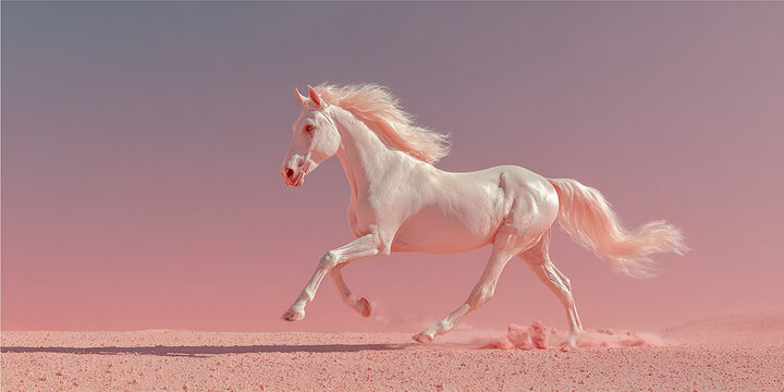 Pink horse running gracefully in desert landscape with soft pastel colors