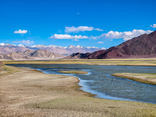 Path to Umling La, world's highest motorable pass, with meandering river through vast Ladakh valley flanked by rugged mountains under clear blue skies, captured October 5, 2025.  © NICK