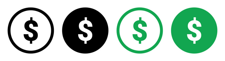 Set of dollar sign icons in circular badges, outline and solid styles for finance, banking, payment, e-commerce, and business apps or websites, brand materials, and UI elements, isolated